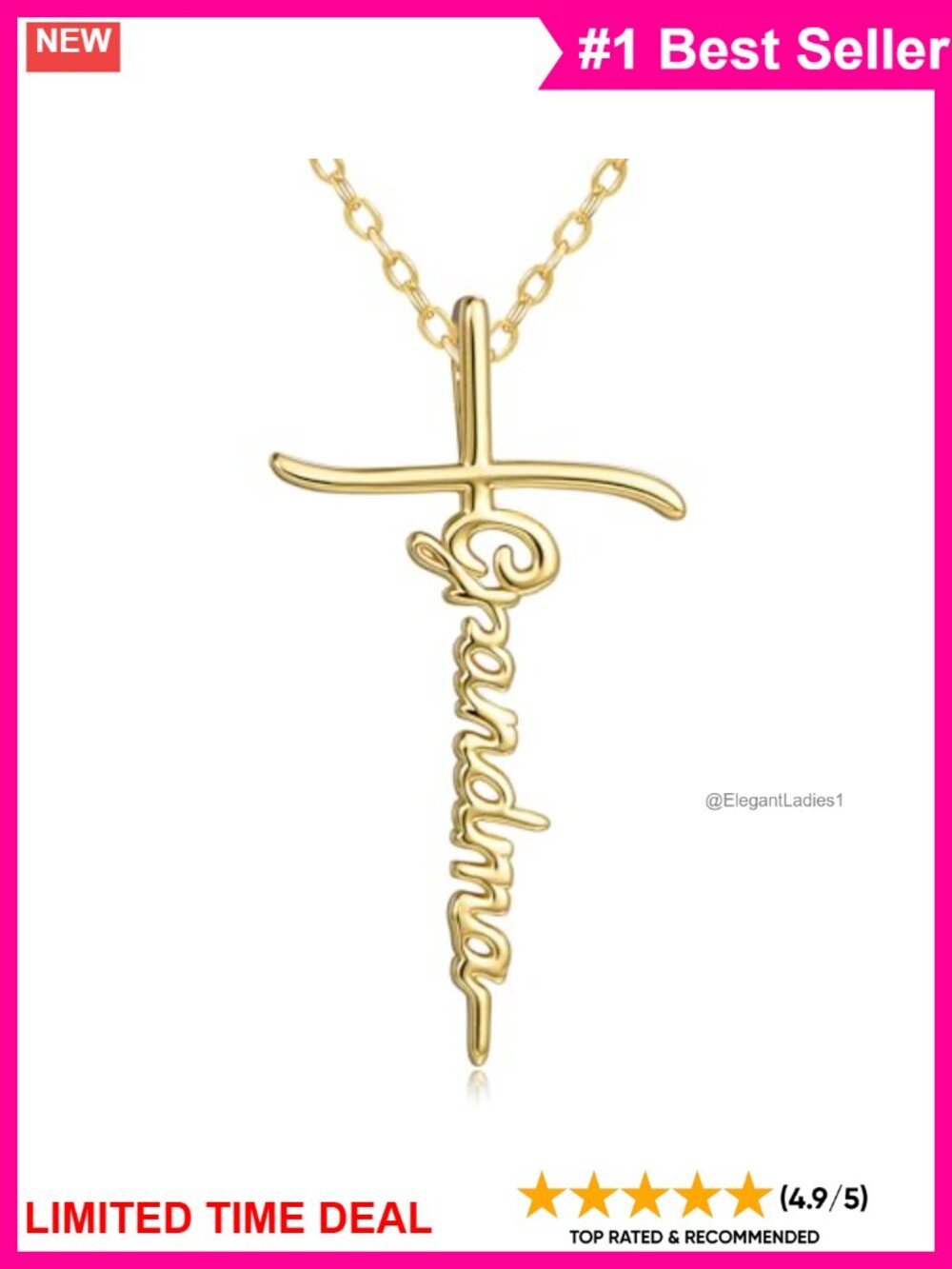 14K Gold Plated Cross Necklace Grandma Pendant 18in Women Faith Gift
